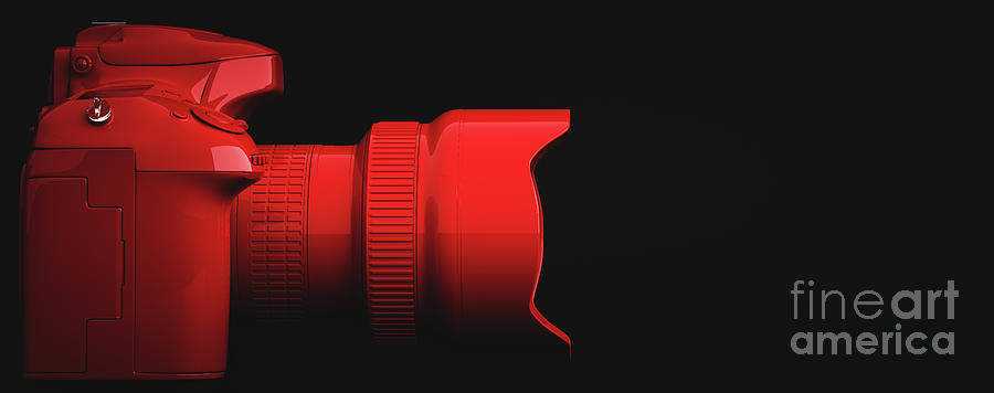 Professional digital camera in red color modern style on black background. Photograph by Michal Bednarek