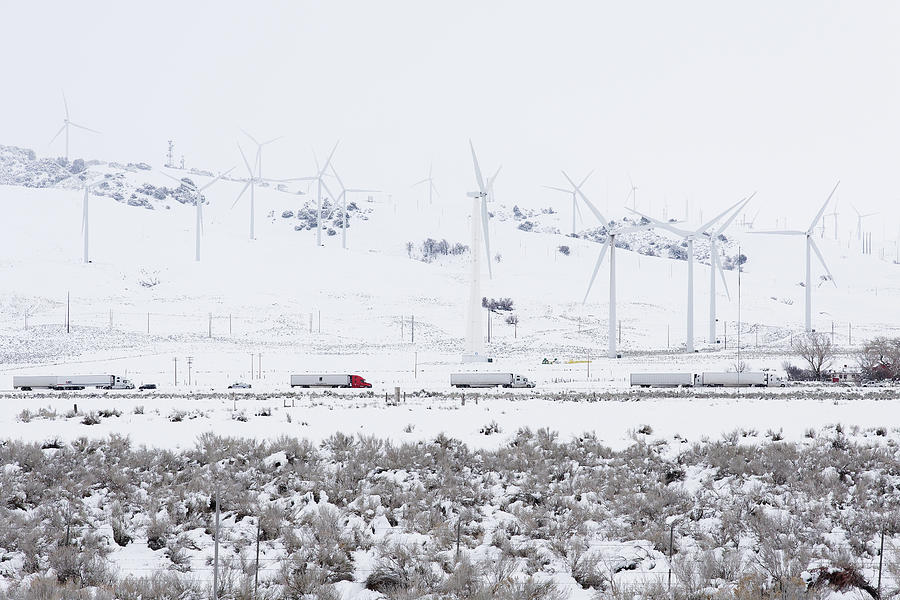 Progression -- Semi Trucks and Wind Turbines in the Snow near Tehachapi, California Photograph by Darin Volpe