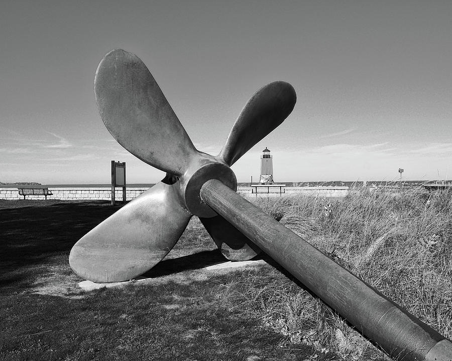Propeller at the Charlevoix Lighthouse BW Photograph by Bill Swartwout