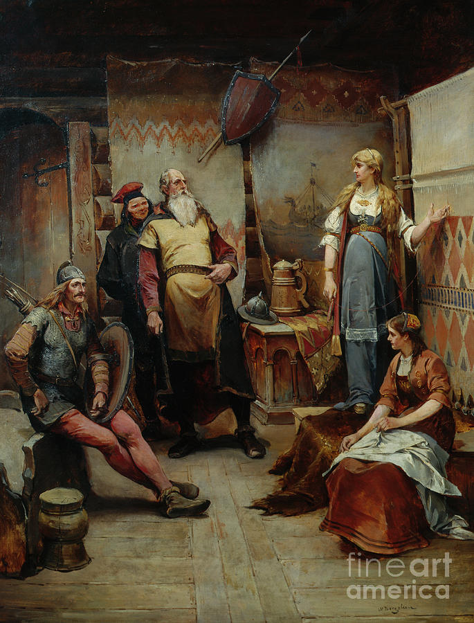A courting messenger from the Viking Harald Harfagre to Gyda Painting by O Vaering by Nils Bergslien