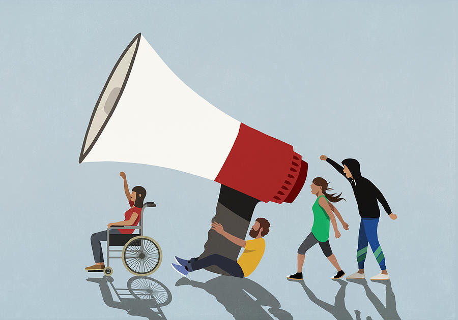 Protesters with large megaphone Drawing by Malte Mueller Protesters with large megaphone Drawing by Malte Mueller