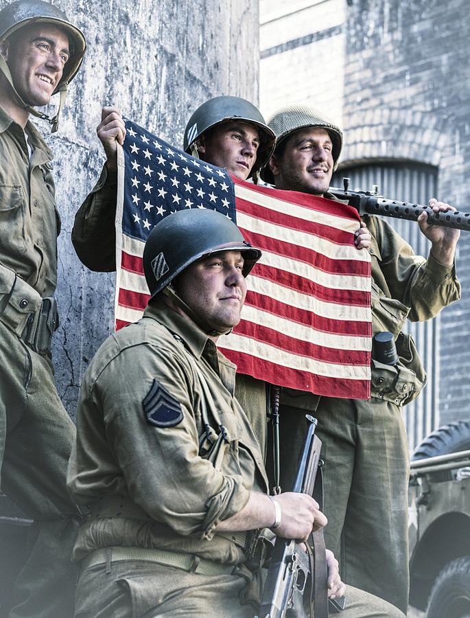 Proud WWII US Army Platoon Displaying American Flag Photograph by Willowpix