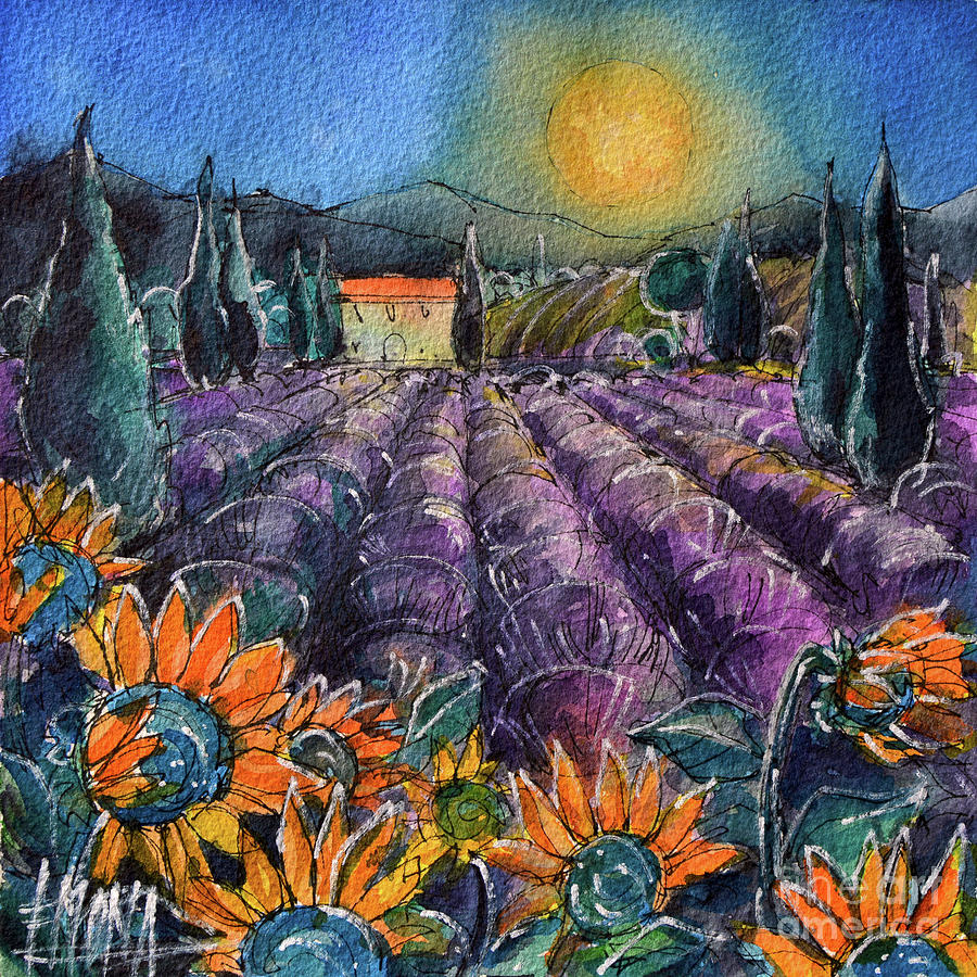 Sunflower Painting - PROVENCE EVENING watercolor painting Mona Edulesco by Mona Edulesco