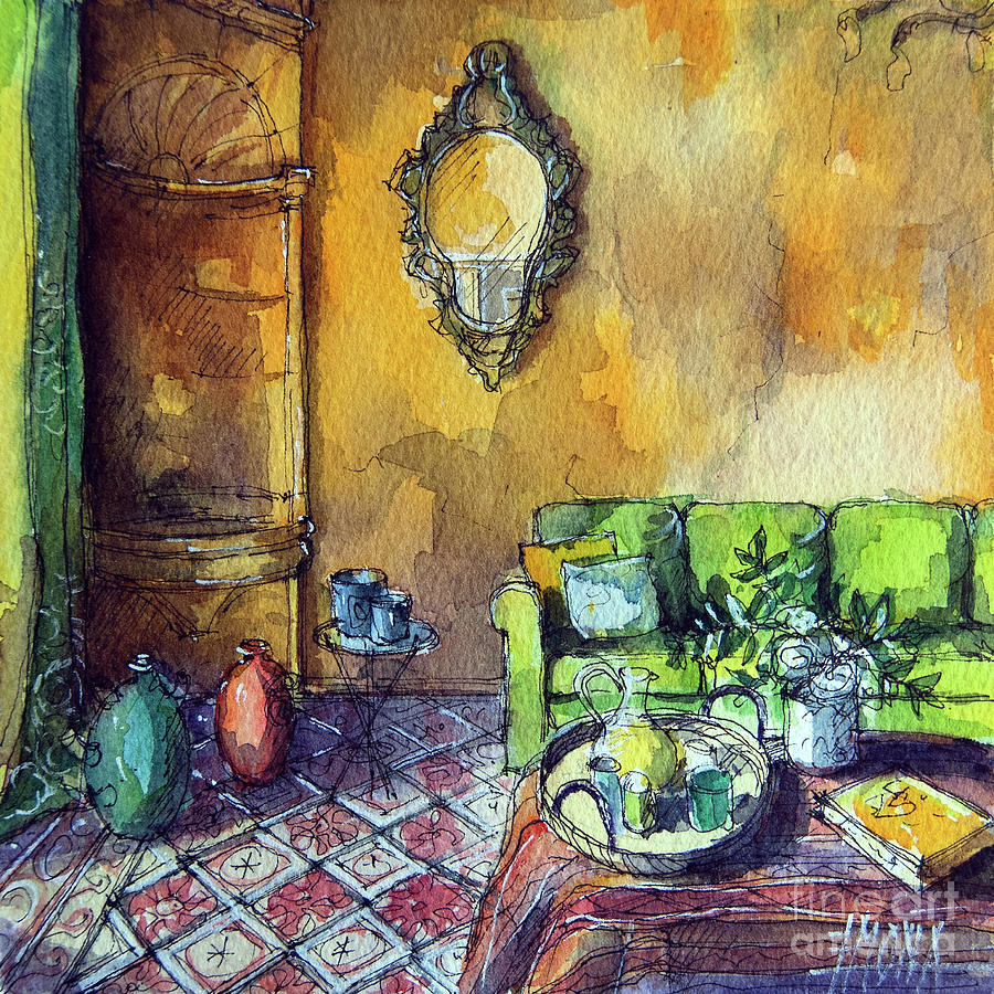 PROVENCE INTERIOR room portrait 37 watercolor painting Painting by Mona Edulesco