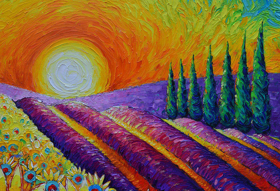 PROVENCE LAVENDER FIELDS AND CYPRESS TREES commission painting abstract landscape Ana Maria Edulescu Painting by Ana Maria Edulescu