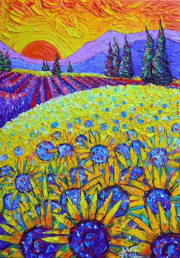 PROVENCE MAGIC SUNFLOWERS AND LAVENDER commissioned painting abstract landscape Ana Maria Edulescu Painting by Ana Maria Edulescu