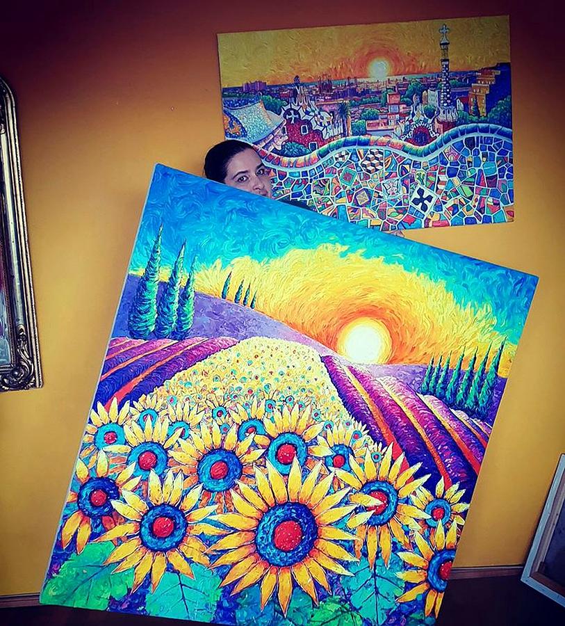 Provence sunflowers and Barcelona Park Guell sunrise large commissioned paintings Ana Maria Edulescu Painting by Ana Maria Edulescu