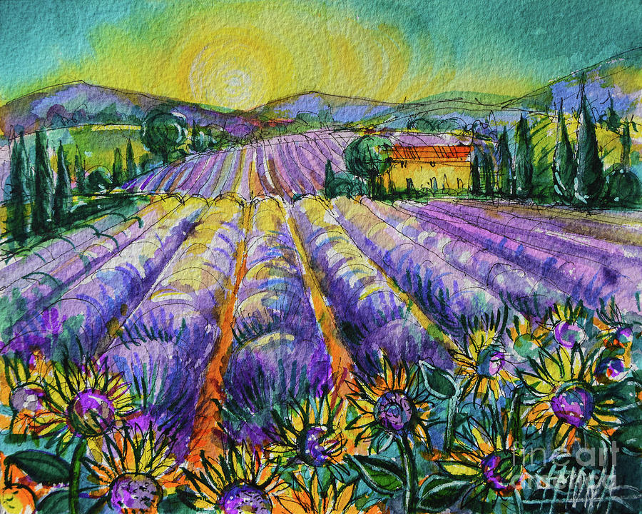 Sunflower Painting - PROVENCE SUNFLOWERS AND LAVENDER watercolor painting Mona Edulesco by Mona Edulesco