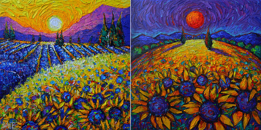 PROVENCE SUNFLOWERS DAY AND NIGHT abstract landscapes palette knife oil paintings Ana Maria Edulescu Painting by Ana Maria Edulescu
