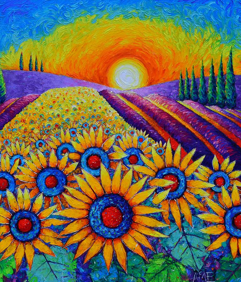 PROVENCE SUNRISE SUNFLOWERS AND LAVENDER FIELDS commissioned painting detail Ana Maria Edulescu Painting by Ana Maria Edulescu
