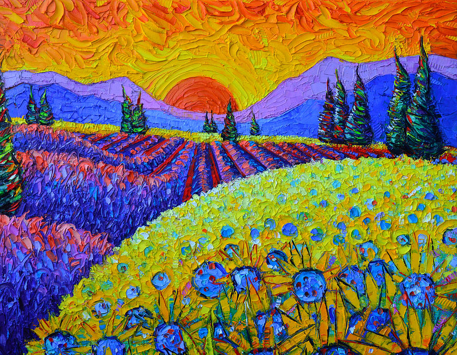 PROVENCE SUNSET SUNFLOWERS AND LAVENDER FIELDS commissioned painting landscape by Ana Maria Edulescu Painting by Ana Maria Edulescu