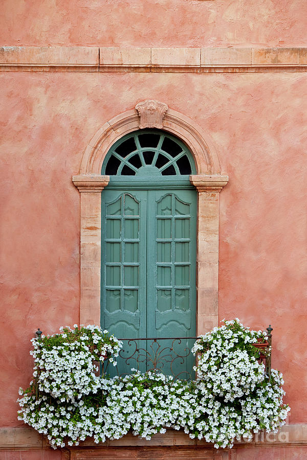 Provence - Terracotta - Turquoise Door - White Flowered Balcony Photograph