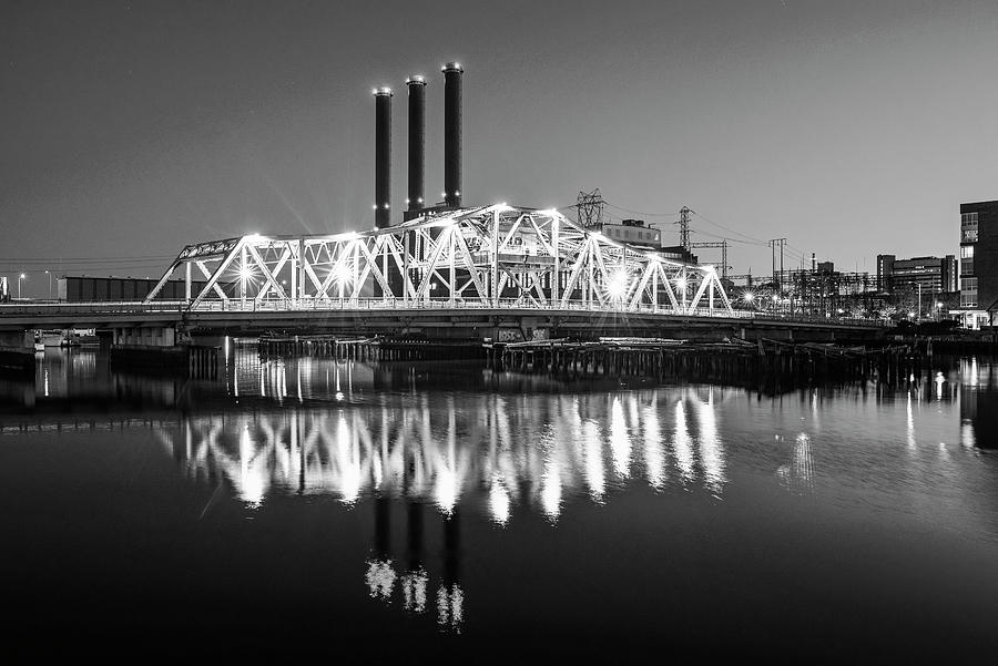Providence Rhode Island Power Station and point Street Bridge at Dusk Black and White Photograph by Toby McGuire