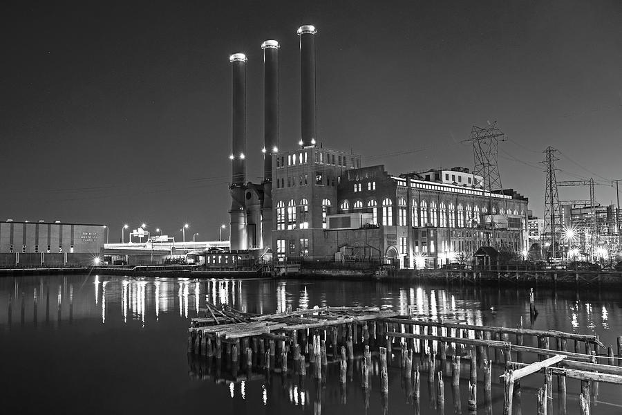 Providence Rhode Island RI Power Station at Dusk with Pilings Black and White Photograph by Toby McGuire