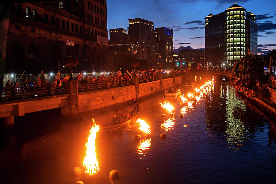 Providence RI Waterfire Celebration and Gondola Boat Reflection Photograph by Toby McGuire