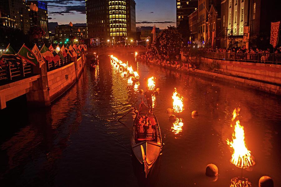 Providence RI Waterfire Celebration and Gondola Boat Photograph by Toby McGuire