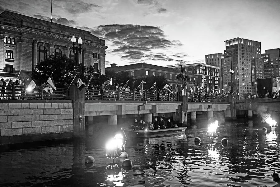 Providence RI Waterfire Celebration and Wood Boat Black and White Photograph by Toby McGuire