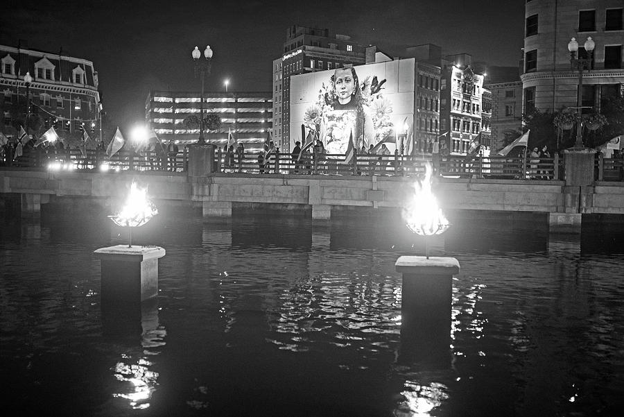 Providence RI Waterfire Celebration Mural Black and White Photograph by Toby McGuire
