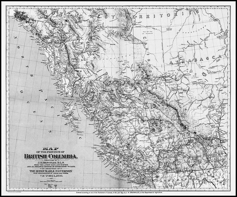 Banff National Park Photograph - Province of British Columbia Vintage Map 1893 Black and White  by Carol Japp