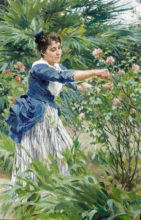 Pruning the roses Painting by Raffaello Sorbi