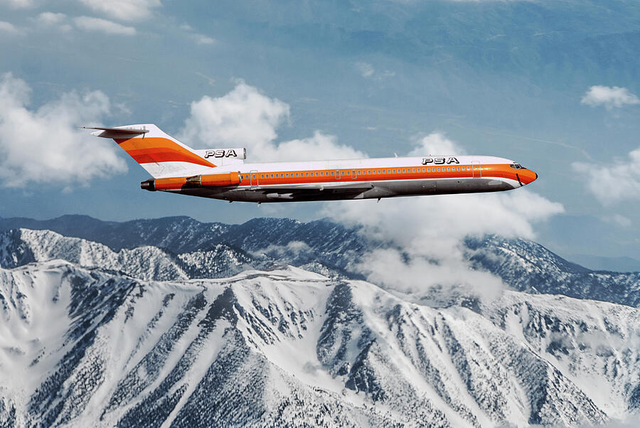 PSA Boeing 727 over Mountains Mixed Media by Erik Simonsen