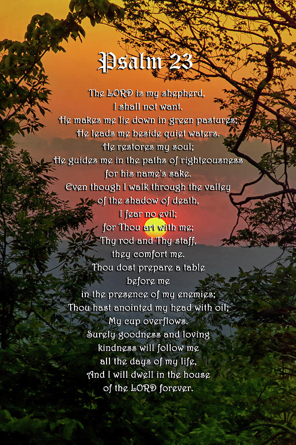 Psalm 23 Prayer Over Sunset Landscape Mixed Media by Christina Rollo