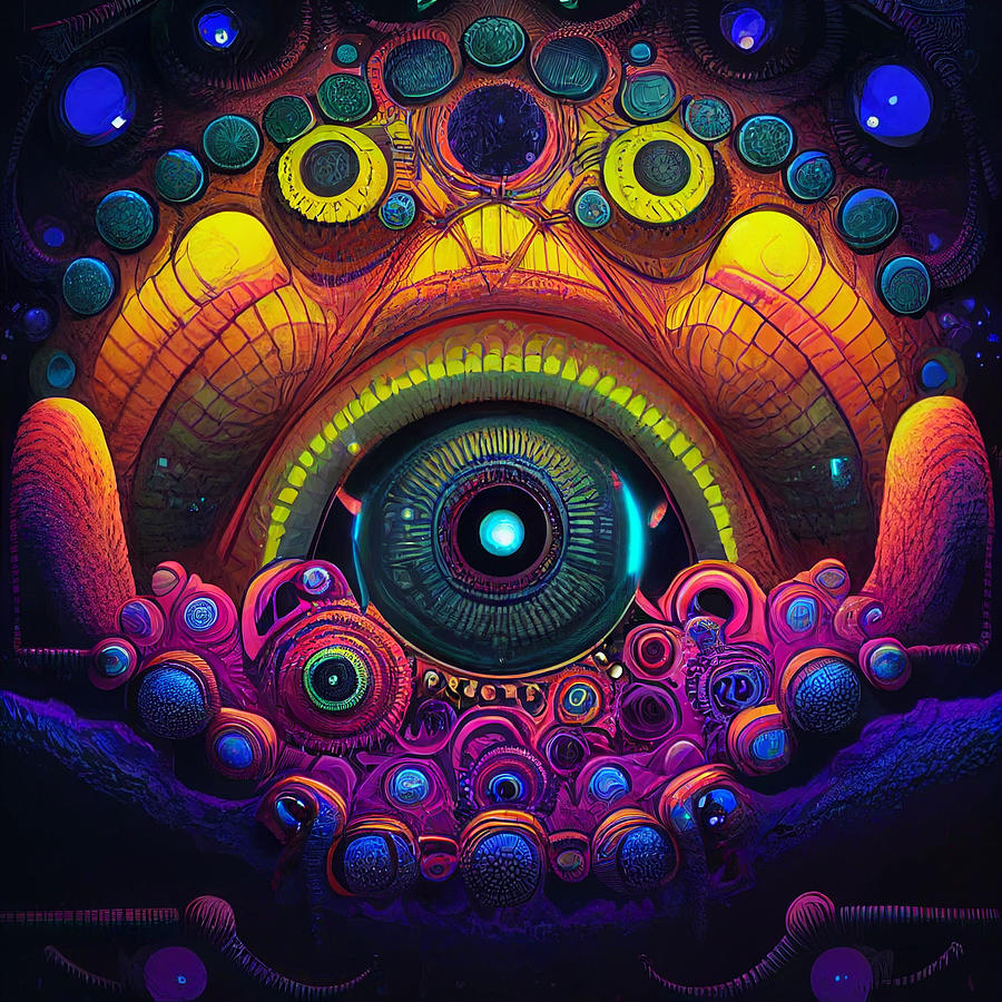 Psychedelic 3D Cave Filled With Futuristic Relics Strange Bugs Eyeballs ...