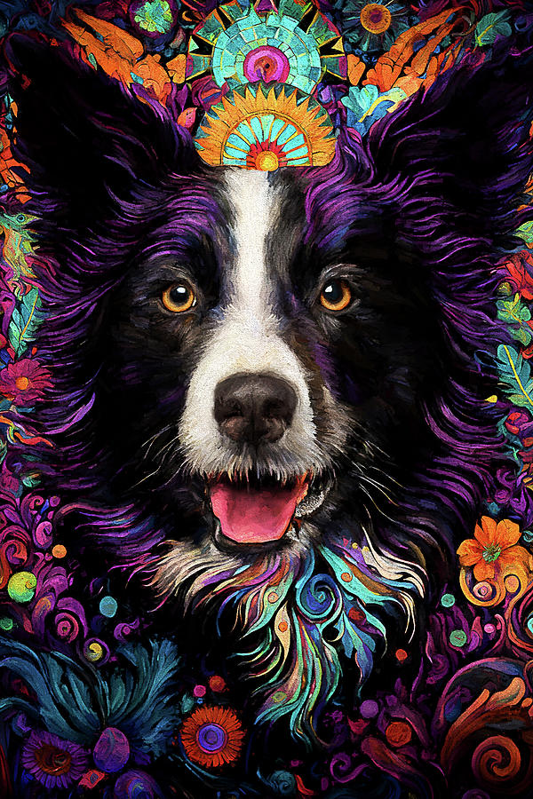 Flower Digital Art - Psychedelic Border Collie by Peggy Collins