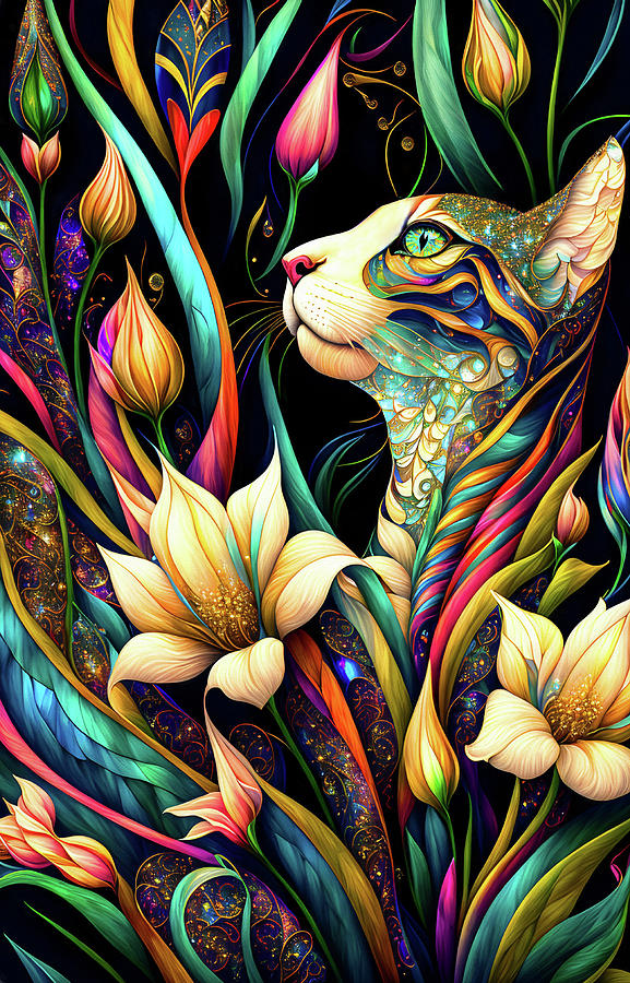Psychedelic Cat and Lilies Digital Art by Peggy Collins