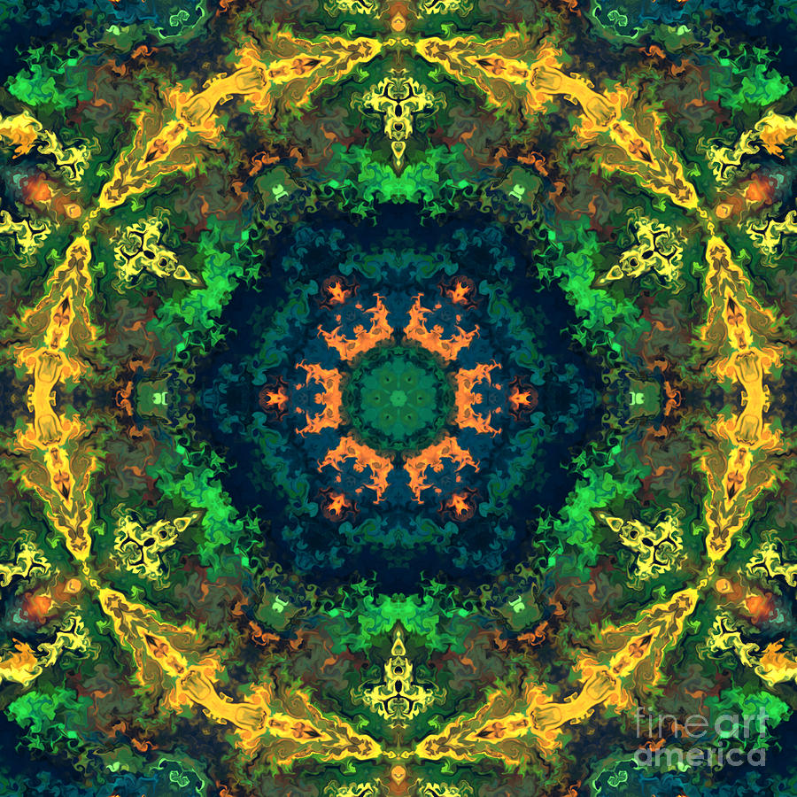 Abstract Digital Art - Psychedelic Hippie Flower Blue Green and Yellow by Todd Emery