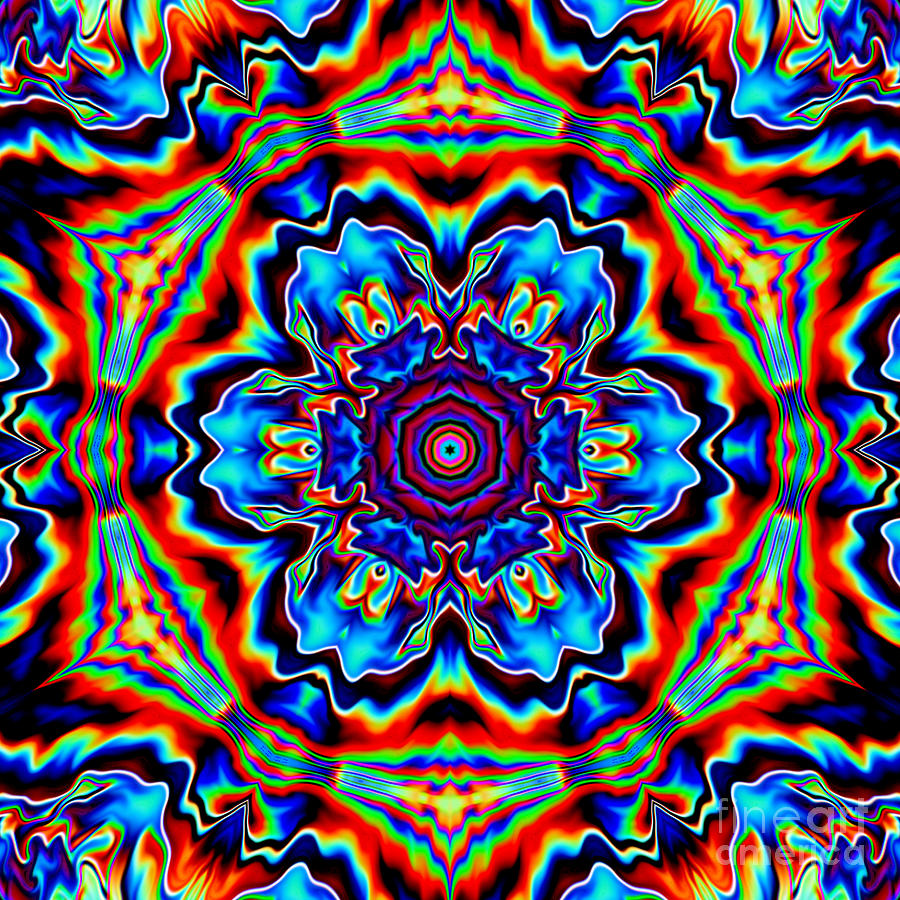 Abstract Digital Art - Psychedelic Mandala Flower Blue Red and Green by Todd Emery
