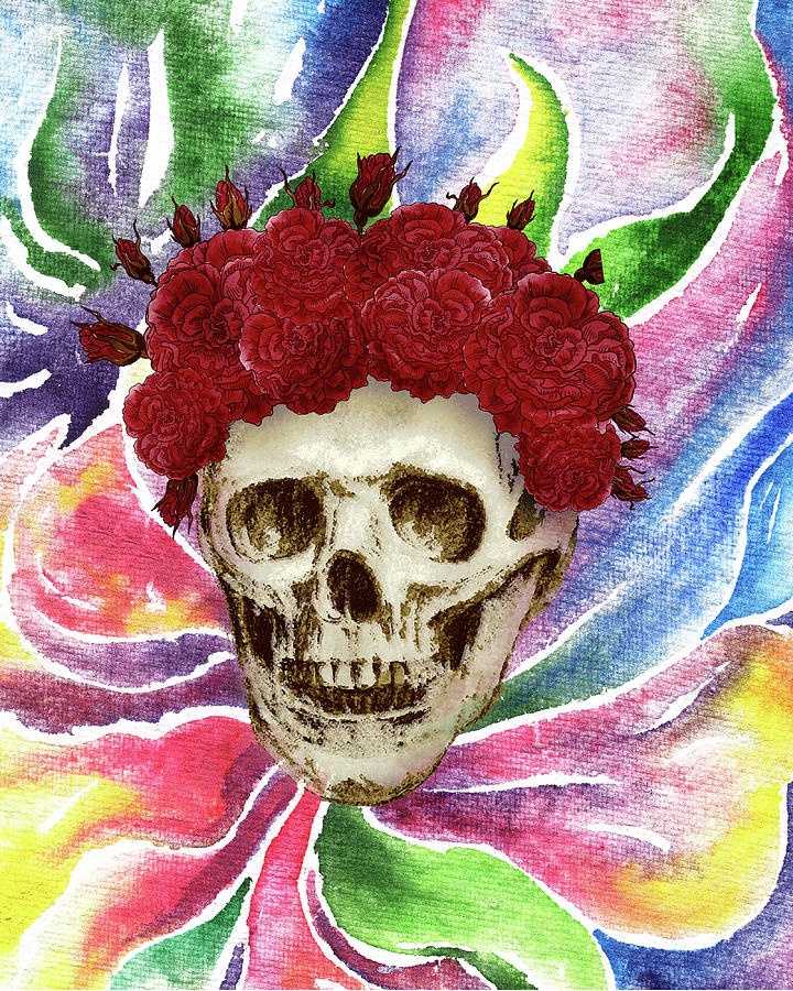 Psychedelic Music Skull Red Roses Grateful Dead Theme Painting by Irina Sztukowski