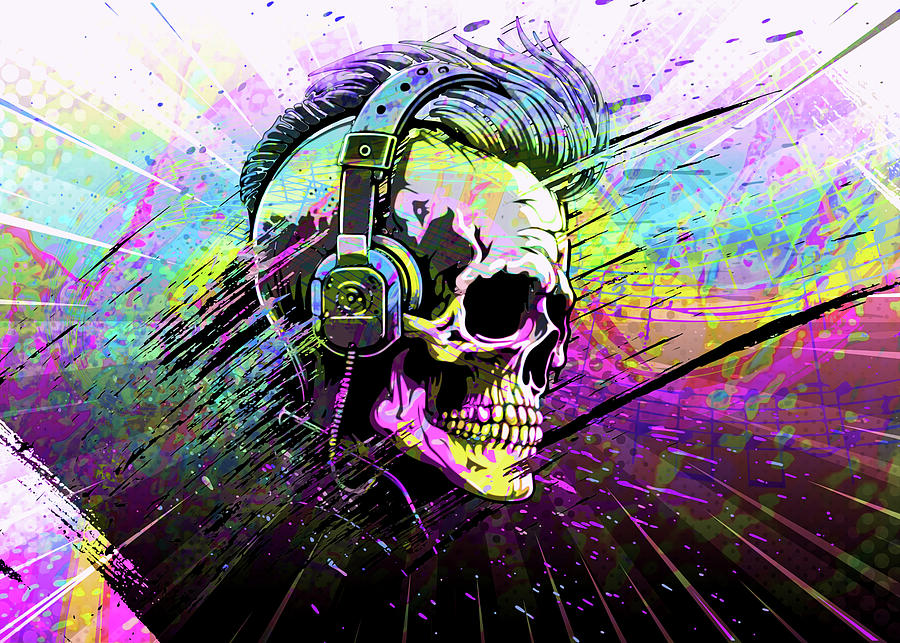 Psychedelic Pink Skull Headphones Abstract Music Notes Illustration ...