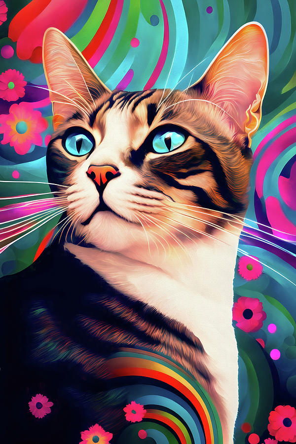 Psychedelic Rainbow Cat with Flowers Digital Art by Peggy Collins