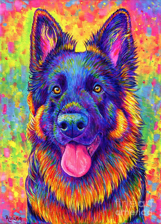 Psychedelic Rainbow German Shepherd Dog Painting by Rebecca Wang