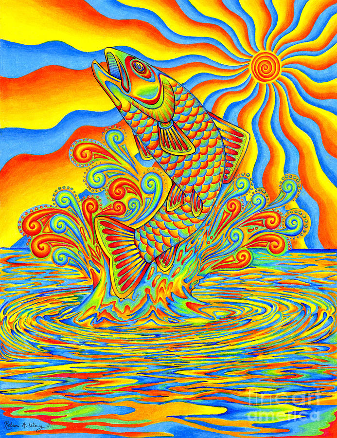 Psychedelic Rainbow Trout Fish Drawing by Rebecca Wang