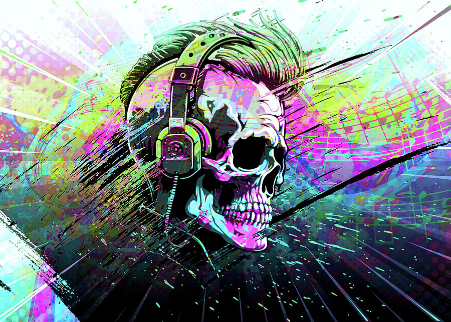 Psychedelic Skull Headphones Music Notes Abstract Illustration Digital ...
