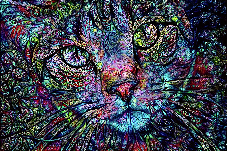 Psychedelic Tabby Cat - Blue Digital Art by Peggy Collins
