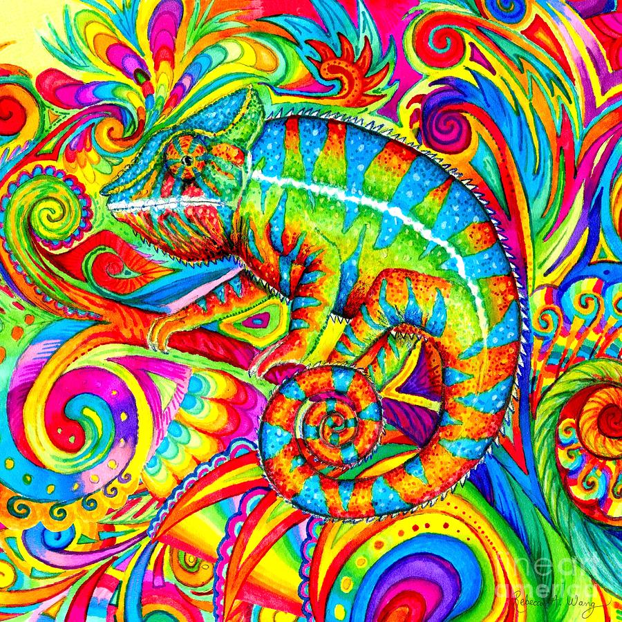 Psychedelizard - Psychedelic Rainbow Chameleon Drawing by Rebecca Wang