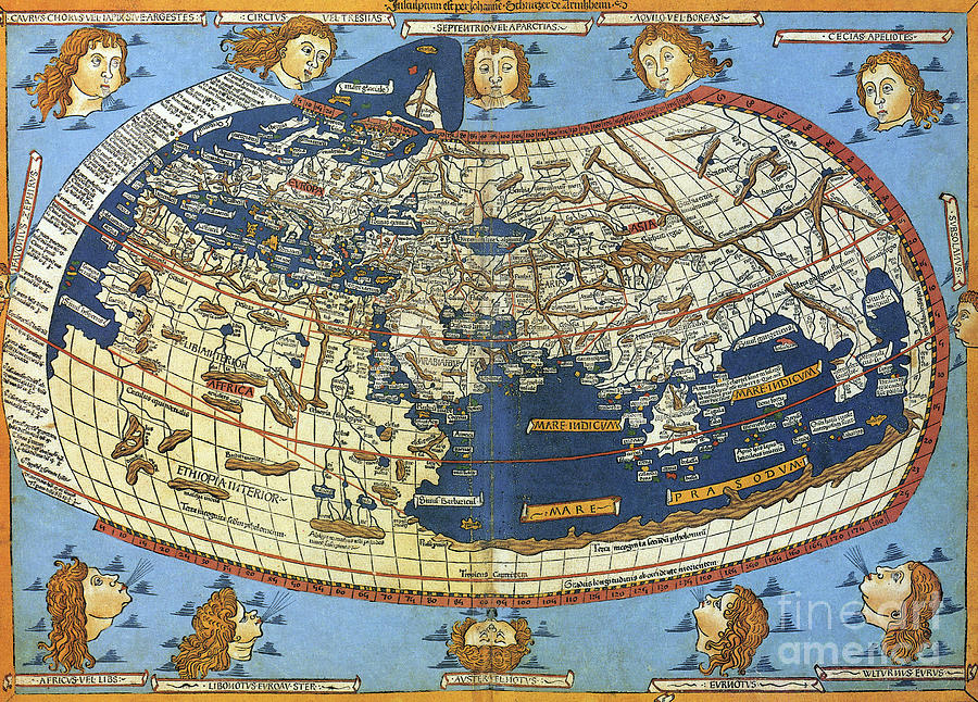 Ptolemy World Map, 1482 Drawing by Granger