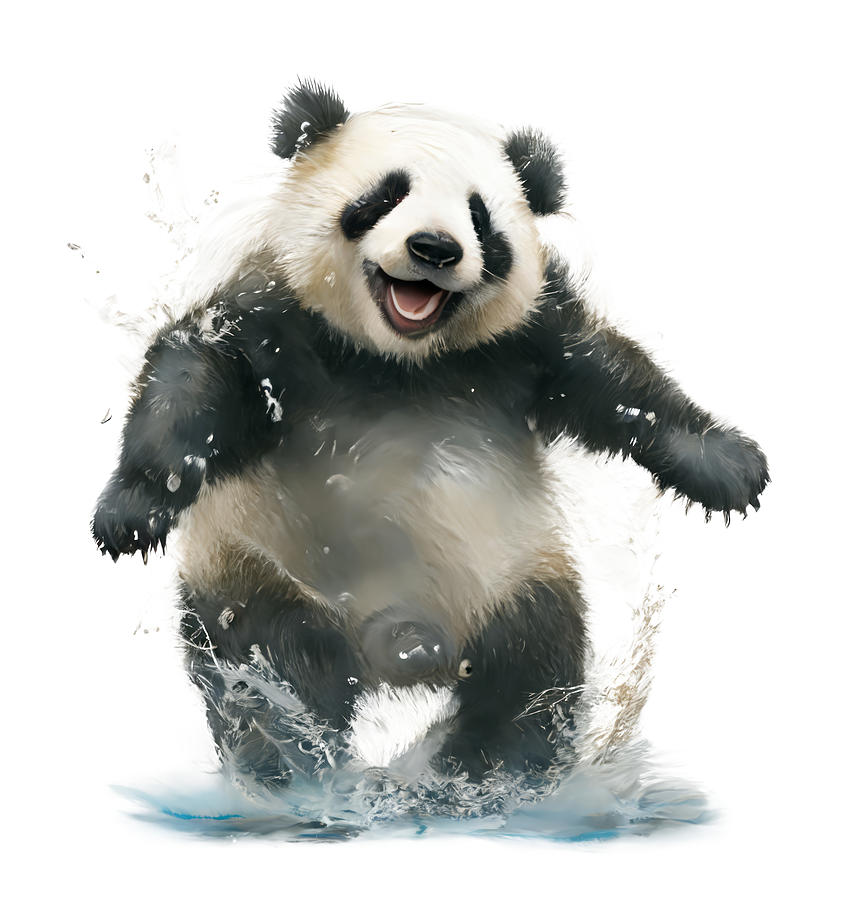 Puddle Pandemonium - The Joyful Adventures of a Playful Panda in the Rain Digital Art by John Twynam