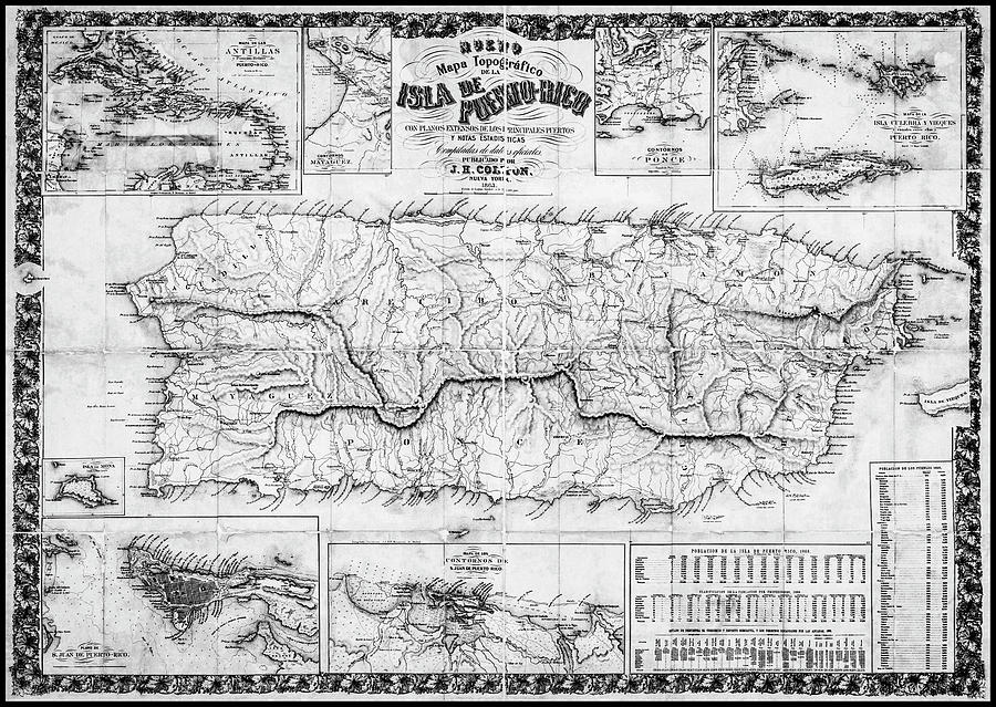 Vintage Photograph - Puerto Rico Historical Vintage Map 1863 Black and White  by Carol Japp
