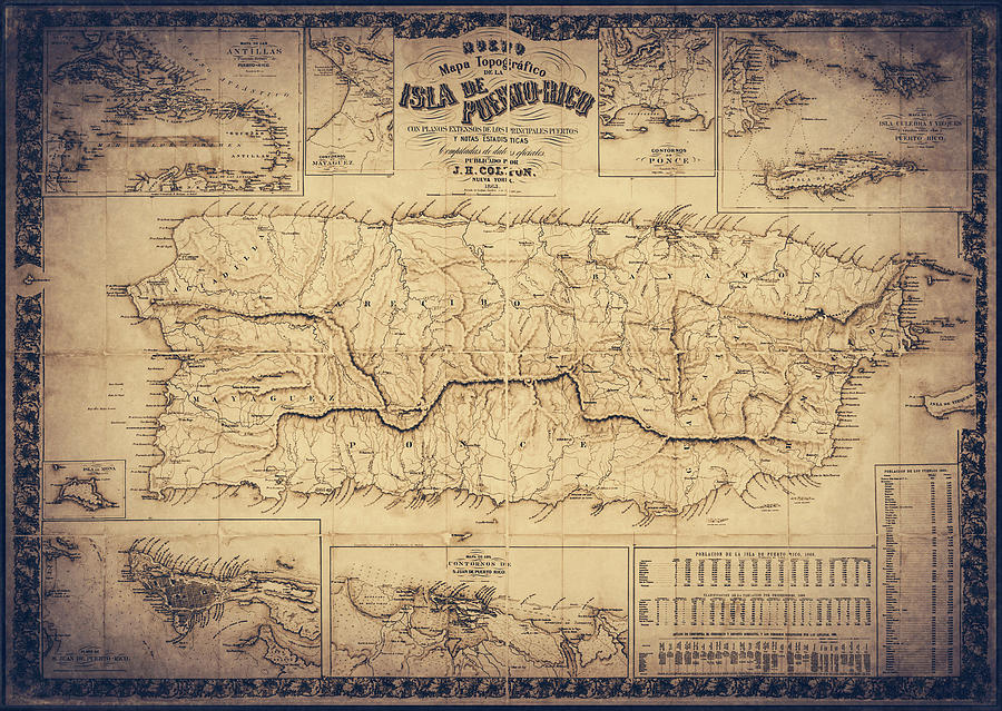 Vintage Photograph - Puerto Rico Historical Vintage Map 1863 Sepia  by Carol Japp