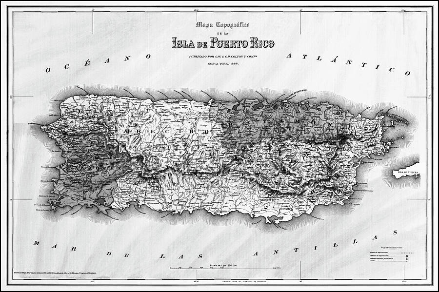 Vintage Photograph - Puerto Rico Vintage Map 1886 Black and White  by Carol Japp