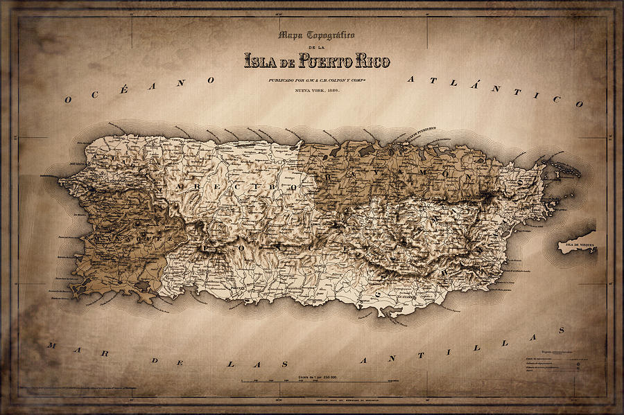 Vintage Photograph - Puerto Rico Vintage Map 1886 Sepia  by Carol Japp