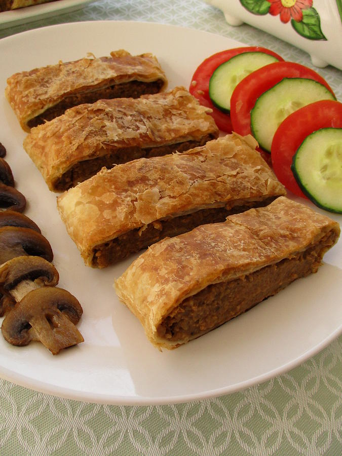 Puff pastry stuffed with eggplant and mushrooms Photograph by Tanai