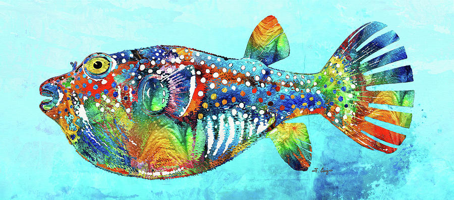 Puffer Fish Art 2 On Beach Blue Painting by Sharon Cummings