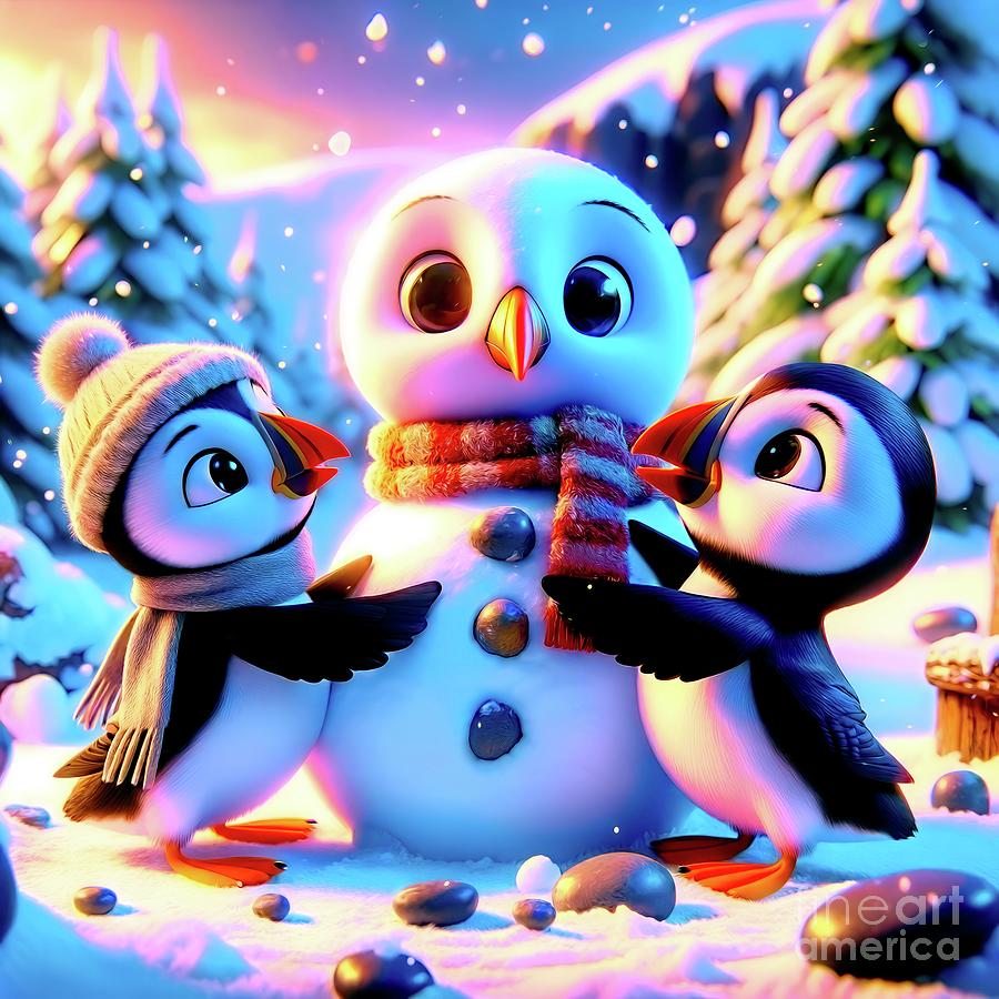 Winter Digital Art - Puffin Friends Building a Snowman by Rose Santuci-Sofranko