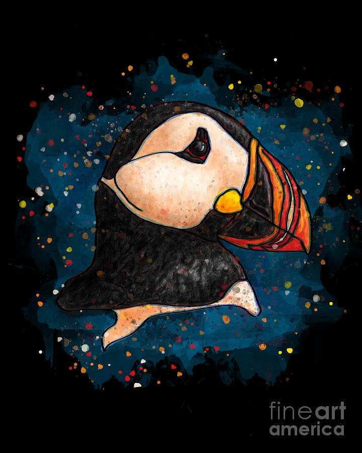 Puffin head on black background, Splatter art puffin Painting by Nadia CHEVREL