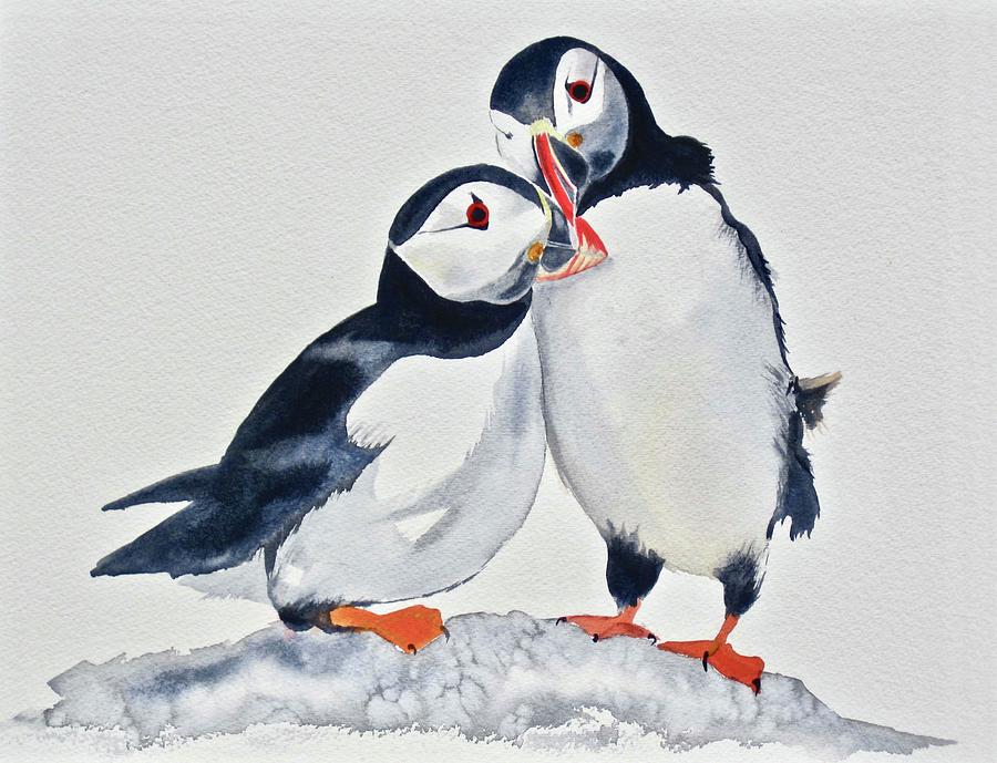 Puffin love Painting by Dominique Bachelet